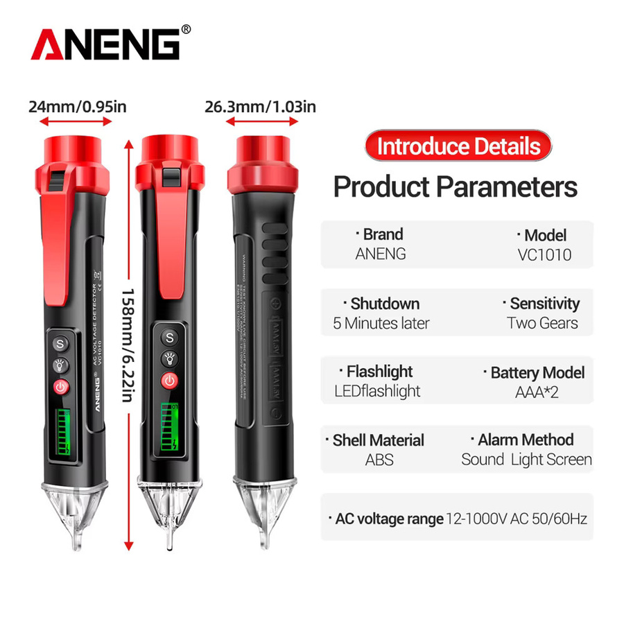 ANENG VC1010 Intelligenter Digitaler Spannungsprüfer für 12-1000V AC/DC in Rot - Bild 5