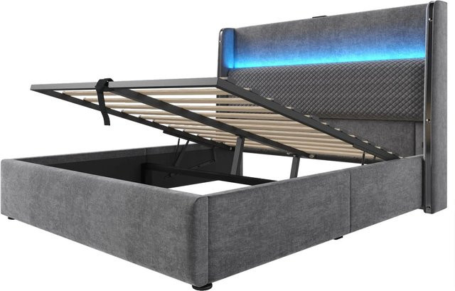 okwish Hydraulisches Bett mit Matratze und USB-C Anschlüssen in Grau, B/T/H: 160 x 200 x 121 cm - Bild 1