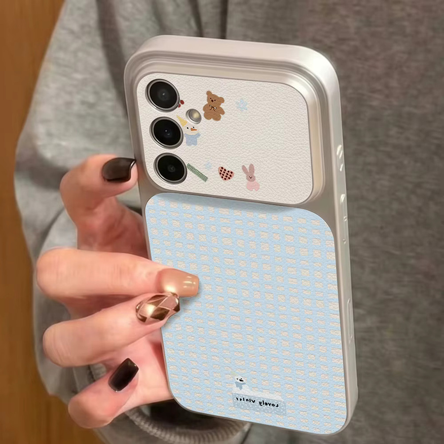 Handyhülle für Samsung Galaxy S23 Ultra, S25 und S24 FE 5G in Hellblau mit niedlichem Tiermotiv und Karomuster - Bild 2
