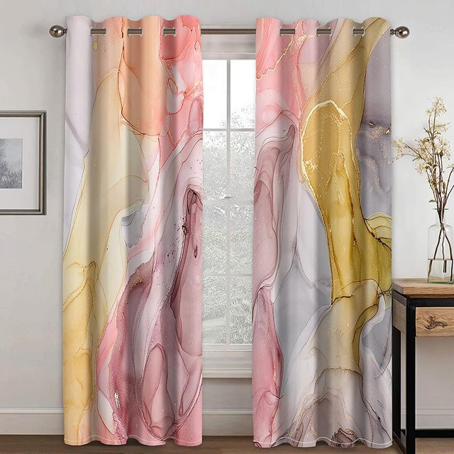 2-teiliges Yiran Furniture Vorhang-Set mit Marmor-Design in Rosa, Gold und Grau, halbtransparent, mit Stangentasche, B/H: 250 x 250 cm - Bild 1