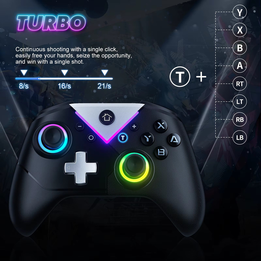 Turpow 617 RGB-LED Gaming Controller, 2,4 G Wireless Gamepad mit Hall-Effekt-Joysticks für Nintendo Switch, PC, iOS und Android, Schwarz - Bild 2