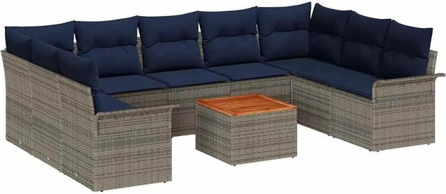 vidaXL Gartensofa-Set aus Poly-Rattan in Grau und Marineblau mit Polstern und Tisch, 10-teiliges L-Shape Lounge-Set mit Metallgestell - Bild 1