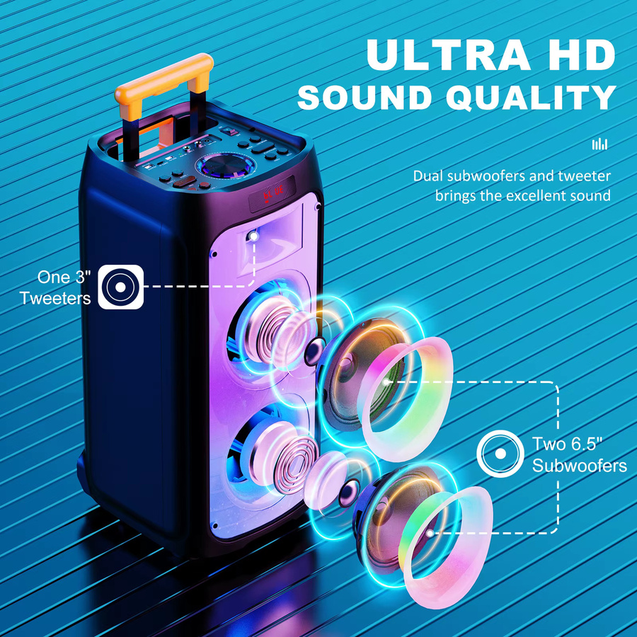 FanFun T8 Karaoke-Maschine mit 500 W Spitzenleistung, kabelloses PA-System mit zwei 8-Zoll-Subwoofern und Disco-Lichtern, Schwarz - Bild 2