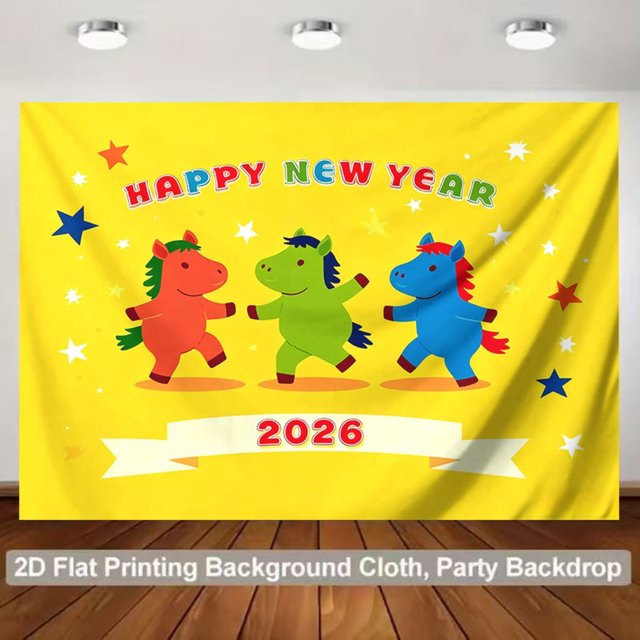 VIKAMA Party-Hintergrundbanner Pferdejahr mit laufenden Pferden und Frühlingsfest-Motiv, Wanddekoration aus Stoff, Mehrfarbig, B: 150 cm, H: 73 cm - Bild 1