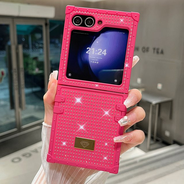 Luxuriöse Bling-Diamant Klapphülle für Samsung Galaxy Z Flip 7 6 5 4 3 in Orange mit Juwelenbesatz und stoßdämpfender Hartschale - Bild 1