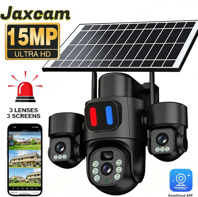 Jaxcam Solar PTZ-Überwachungskamera für Außenbereich mit 15MP, WLAN, Drei-Objektiv-System und PIR-Erkennung in Schwarz - Bild 1