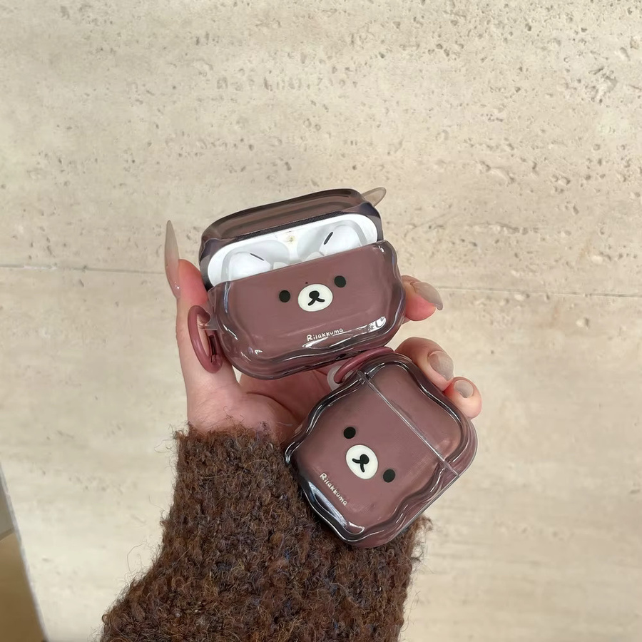 Schutzhülle für Apple AirPods 4, 3, 2, 1 mit niedlichem Rilakkuma-Bär Design in Braun inklusive Schlüsselanhänger - Bild 3