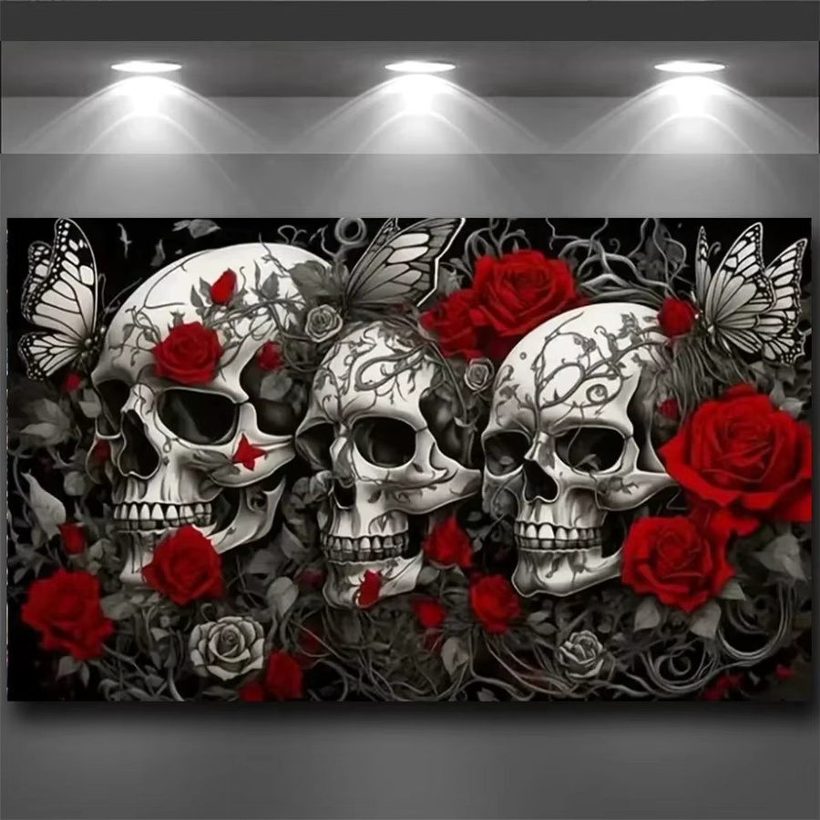 YOGOTOP Diamantmalerei-Set Totenkopf und Blumen mit Rundsteinen in Multicolour für Halloween-Heimdekoration - Bild 2