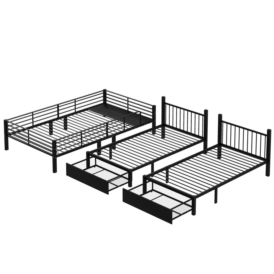 KOMHTOM Dreifaches Etagenbett aus Metall mit Schubladen, umwandelbar von einem Doppelbett und zwei Einzelbetten, Schwarz, B/T/H: 206 x 140 x 200 cm (Doppelbett) und 206 x 90 x 200 cm (Einzelbetten) - Bild 2