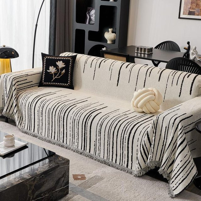 Super Six Sofabezug aus Chenille mit Streifenmuster in Schwarz und Weiß, Breite: 180 cm, Tiefe: 130 cm - Bild 1