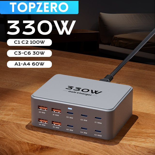 TOPZERO 330 W GaN USB C Desktop Ladegerät mit 10 Ports, 100 W PD3.0 PPS QC3.0 Schnellladung für MacBook, Tablet, Samsung und iPhone 15 16 - Bild 1
