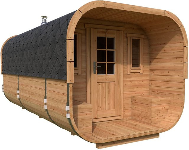 Großes Saunafass Deluxe mit Terrasse aus Holz, Maße: 5 x 2 m, wählbar mit Holzofen oder Elektroofen - Bild 1