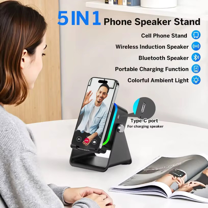 VIKEFON 5-in-1 Bluetooth Telefonhalter mit automatischer Induktion, kabellosem Lautsprecher und RGB-Licht, tragbarer Telefonständer mit Surround-Sound in Schwarz oder Weiß - Bild 3