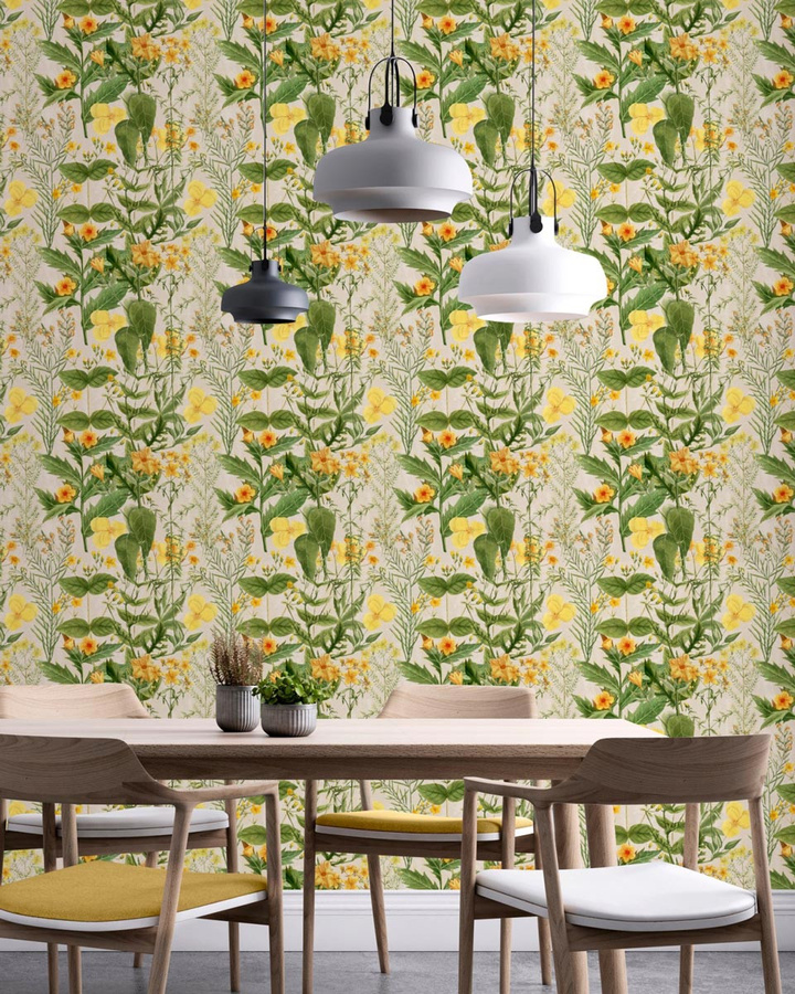 MINDTHEGAP Tapete Mimulus in Grün und Gelb mit floralem Art Nouveau Design aus Vlies - Bild 1