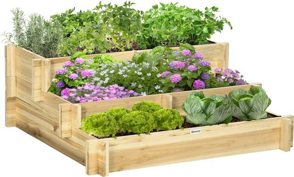 Outsunny 3-stufiges Hochbeet aus Tannenholz in Natur, wetterfestes Stufenbeet mit Stoffauskleidung, B/T/H: 93 x 93 x 35 cm