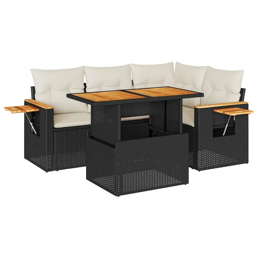 vidaXL 5-teilige Garten-Sofagarnitur aus Poly-Rattan und Akazienholz in Schwarz-Creme mit Kissen - Bild 2