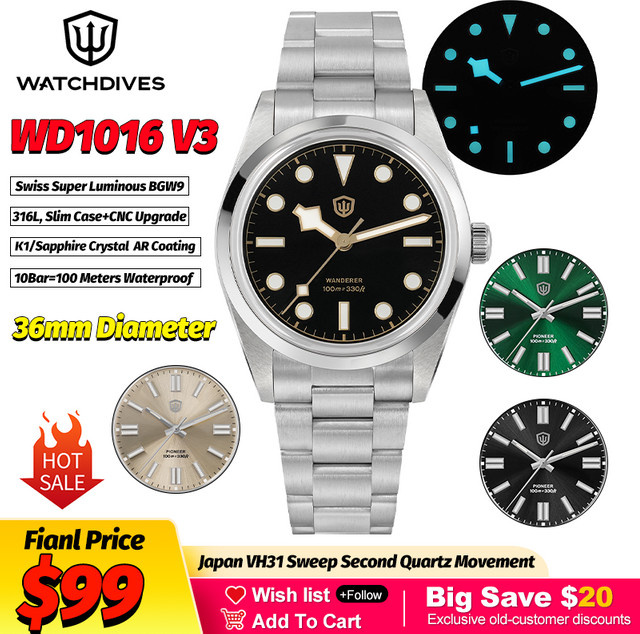 Watchdives Armbanduhr, Quarz, Edelstahl, 36 mm, Herren, Bunt - Bild 1