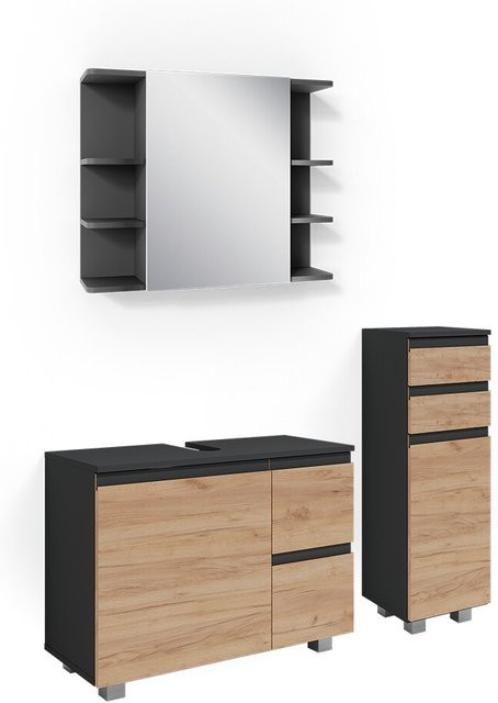Vicco Badmöbelset J-Shape in Anthrazit und Eiche mit Goldakzenten, 3-teiliges modernes Badezimmer-Set - Bild 1