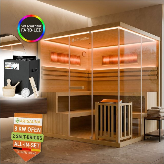 ARTSAUNA Traditionelle Indoorsauna Vantaa natur aus Hemlock Holz für 6 Personen mit 8 kW Saunaofen, Sicherheitsglas und RGB LED Beleuchtung - Bild 1