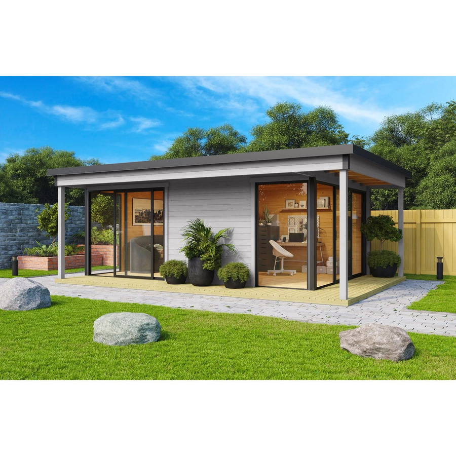 Lasita Holz-Gartenhaus Domeo 3 mit Loggia und Flachdach in Lichtgrau, B: 508.8 cm, T: 321.9 cm, H: 239.4 cm - Bild 2