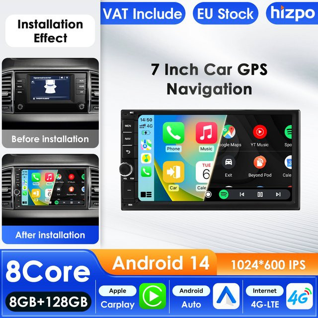 Hizpo 2Din Android 14 Autoradio mit 7 Zoll Display, 4G AI System, Carplay, GPS und Multimedia Navigation in Schwarz - Bild 1