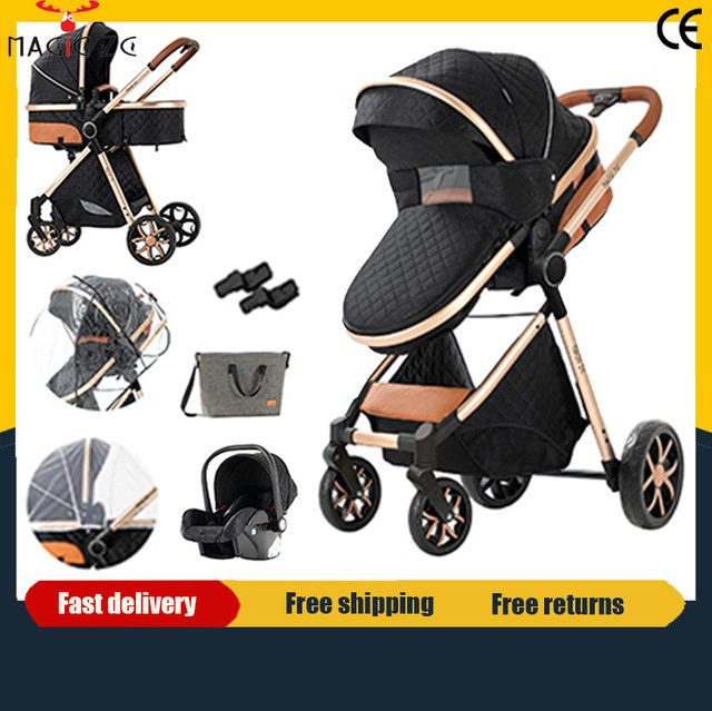 Magic ZC 3-in-1 Luxus-Kinderwagen mit Autositz und Babywanne in Schwarz-Gold, faltbar und stoßdämpfend mit EVA-Rädern - Bild 1