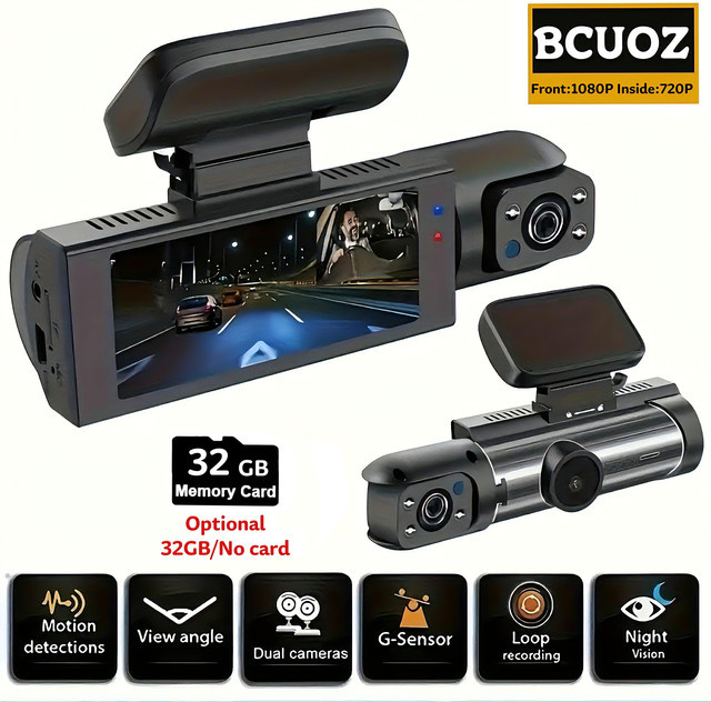 BCUOZ Dual-Objektiv-Dashcam in Schwarz mit 1080P Frontkamera und 720P Innenkamera, Full HD, 3,16 Zoll geteilter Bildschirm, Super-Nachtsicht, G-Sensor, 24-Stunden-Parküberwachung und Loop-Aufnahme - Bild 1