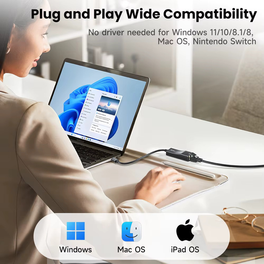 Toocki USB 2.0 und Typ-C Ethernet-Adapter mit LED-Anzeige, 100 Mbit/s RJ45 LAN-Netzwerkkarte für Windows, Mac und iPad OS, Schwarz - Bild 3