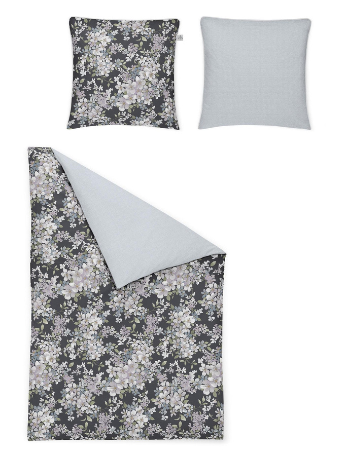 Irisette Crown Mako-Satin Bettwäsche Wende mit Blumenmuster in Grau und Hellblau, B/H: 155 x 220 cm und 80 x 80 cm - Bild 1