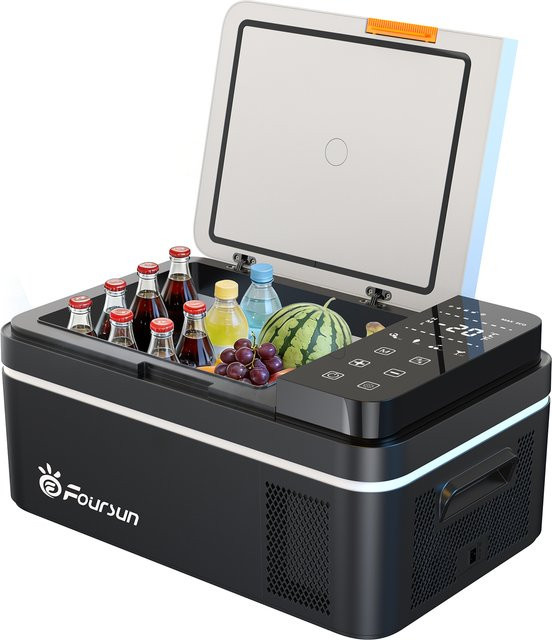 Foursun Tragbare Auto-Kühlbox in Schwarz mit Fast Cool Funktion bis -20°C für Camping und Reisen, 21L oder 25L Volumen, 12/24V DC & AC 100-240V - Bild 1