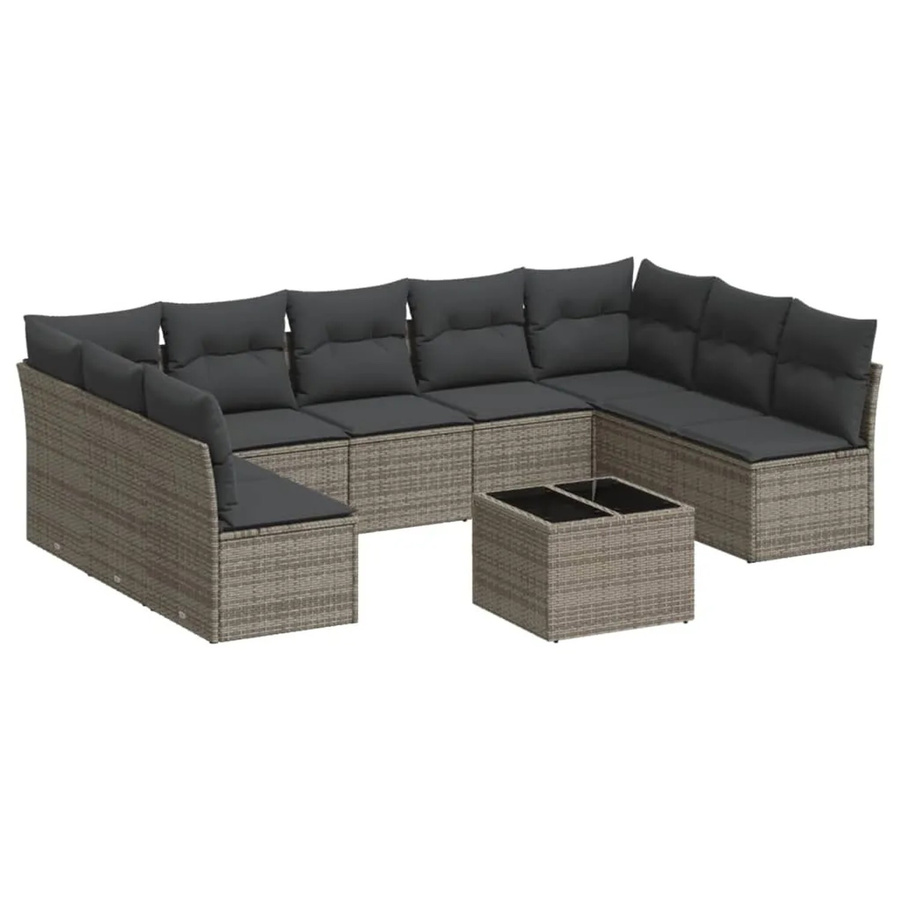 vidaXL 10-tlg. Garten-Sofagarnitur in Grau aus Poly Rattan mit Sitzkissen und Tisch - Bild 2