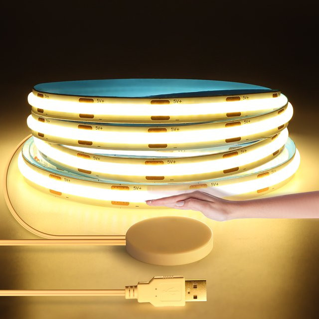 CHNAITEKE COB LED-Streifen mit Handscan-Sensor und Touch-Dimmer, USB-Anschluss, 5 V, Weiß, 320 LEDs/m - Bild 1