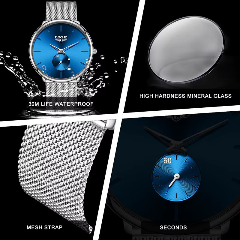 LIGE Armbanduhr Quarz, Edelstahl, Milanaise, Blau, Damen - Bild 3
