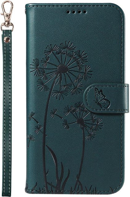 Leder-Portemonnaie Klapphülle für Nothing CMF Phone 2 3 3a 4a Pro und Nothing Phone 4a Pro mit Löwenzahn-Prägung, Kartenfächern und Handschlaufe in Dunkelgrün - Bild 1