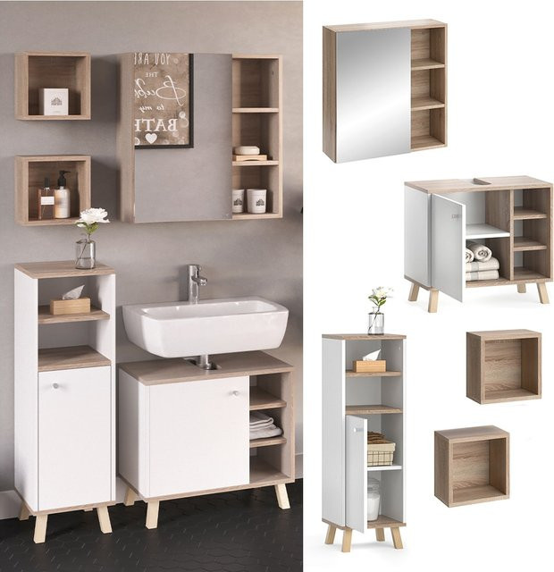 Vicco Badmöbel-Set Senyo in Weiß, bestehend aus 4 Teilen mit Midischrank, Hochschrank, Unterschrank und Spiegelschrank - Bild 1