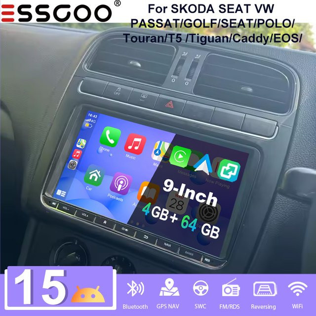 Essgoo 9 Zoll Android 15 Autoradio mit 4+64G Speicher für VW Golf 5 6 Passat Polo Touran Tiguan Caddy Eos T5 Seat Skoda, Schwarz, mit kabellosem Carplay, Android Auto, GPS-Navigation, Bluetooth, WLAN und Lenkradsteuerung - Bild 1
