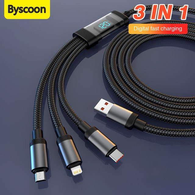 Byscoon 3-in-1 USB-Ladekabel mit digitalem Display, 120 W Schnellladefunktion, Micro-USB und USB-C, Schwarz - Bild 1