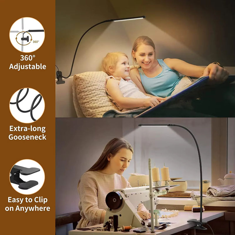 Mzvul Clip-on LED Schreibtischlampe in Schwarz, dimmbar mit flexiblem Schwanenhals und USB-Anschluss als augenschonendes Leselicht oder Nachtlicht - Bild 2