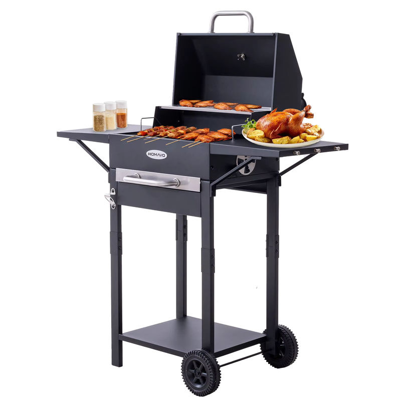 HOMAVO Holzkohlegrill in Schwarz mit emailliertem Grillrost, Warmhalterost, Thermometer, Kamin, Seitentisch und Rollen, B/T/H: 106,5 x 43,7 x 106 cm - Bild 6