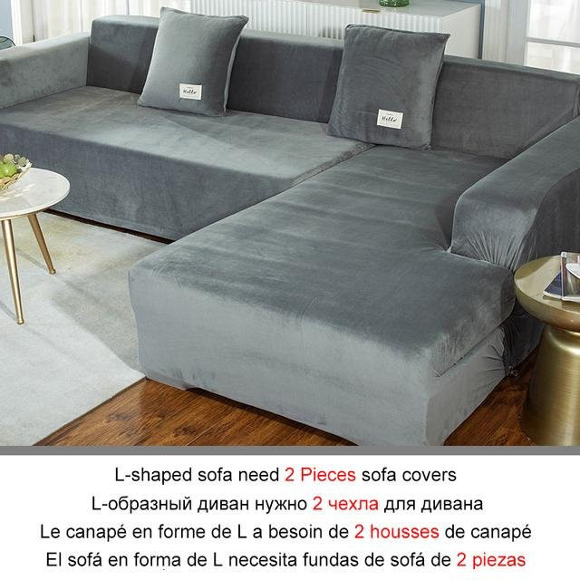 Elastischer Samt Sofabezug für L-Form Ecksofas und Sessel in Grau mit 1x Kissenbezug 45x45 cm - Bild 1