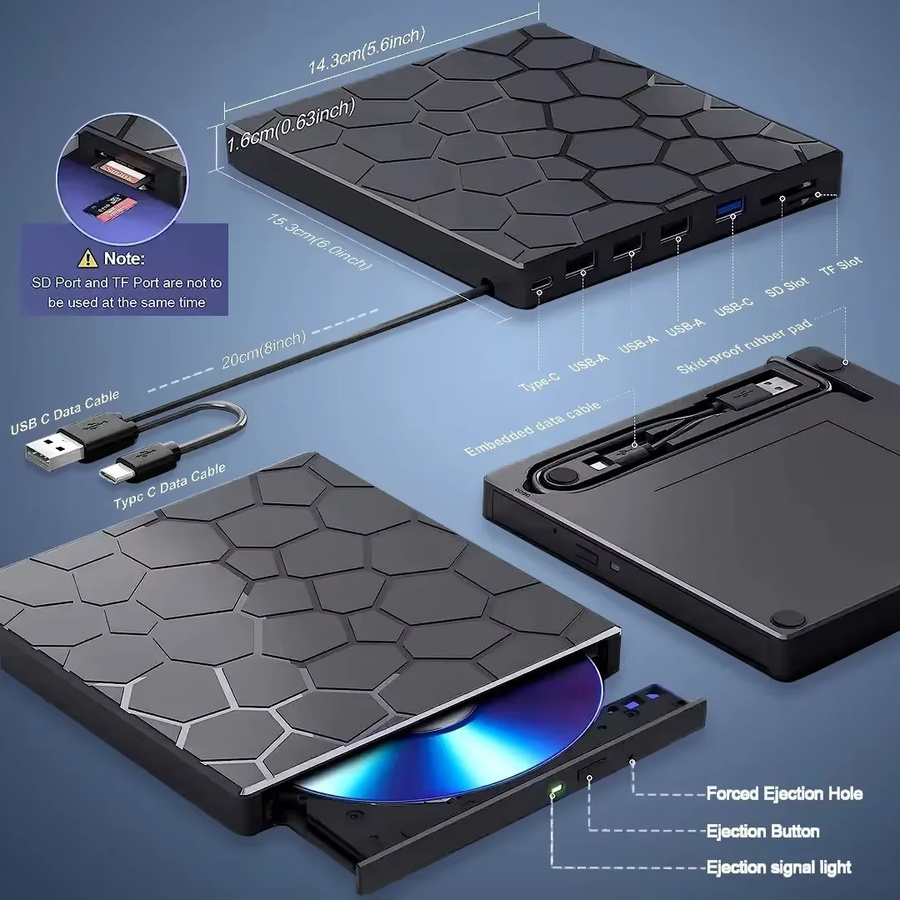 GGBEE 7-in-1 Externes DVD-Laufwerk mit USB-C und USB 3.0, Tragbarer CD-Brenner für Desktop, Mac, Windows und Linux, Schwarz - Bild 5