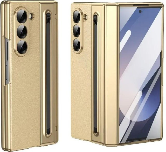 Samsung Galaxy Z Fold 7 6 5 4 Schutzhülle aus Leder mit Stahlfolie und Scharnierschutz inklusive Stiftehalter und Handyhülle in Gold - Bild 1