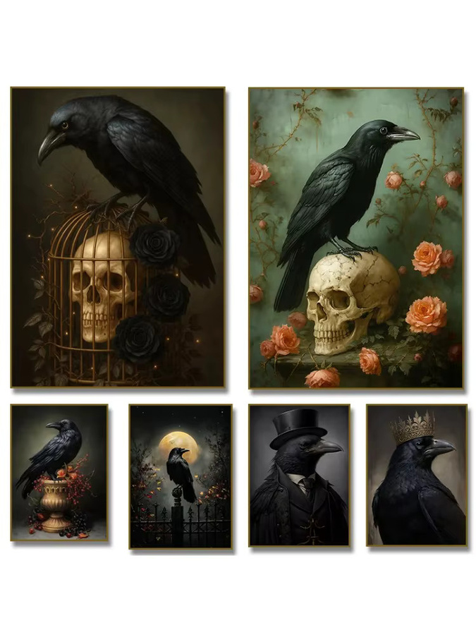 Potdemiel Vintage Diamantmalerei Poster mit Raben und Totenkopf im Gothic-Stil, Schwarz/Mehrfarbig - Bild 2