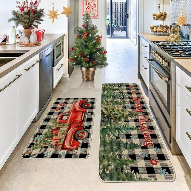 2-teiliges VIKAMA Weihnachts-Fußmatten-Set im Retro-Design mit rotem LKW, rutschfest und schmutzabweisend, Rechteckig, B/T: 120 x 40 cm - Bild 1