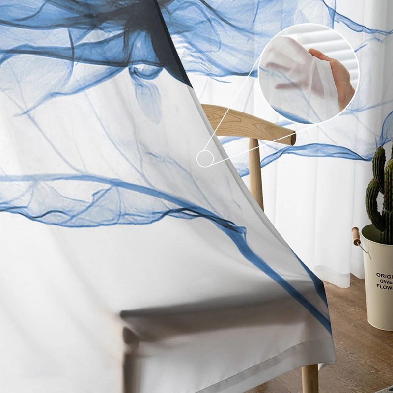 Transparente Tüll-Vorhänge mit blau-weißem Blumenmuster für Wohnzimmer und Schlafzimmer, Modernes Design, Breite: 135 cm, Höhe: 114 cm - Bild 2