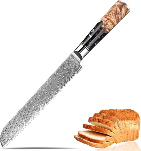 Xituo Brotmesser aus 67-Lagen Damaszener Stahl mit schwarzem Kunstharz-Holzgriff, 8 Zoll, Silber/Schwarz - Bild 1