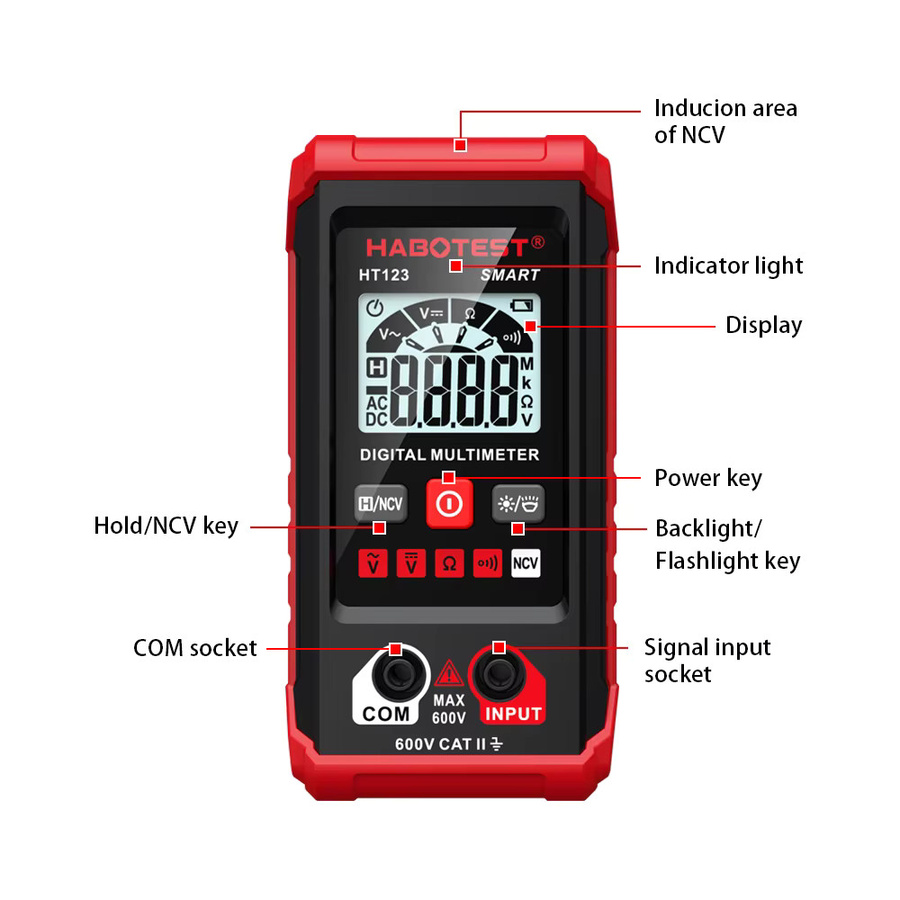 TELEHILL Digitalmultimeter in Rot: Intelligentes Mini-Voltmeter und Amperemeter mit automatischer Bereichswahl und Hintergrundbeleuchtung für AC-DC-Spannungsmessungen - Bild 4