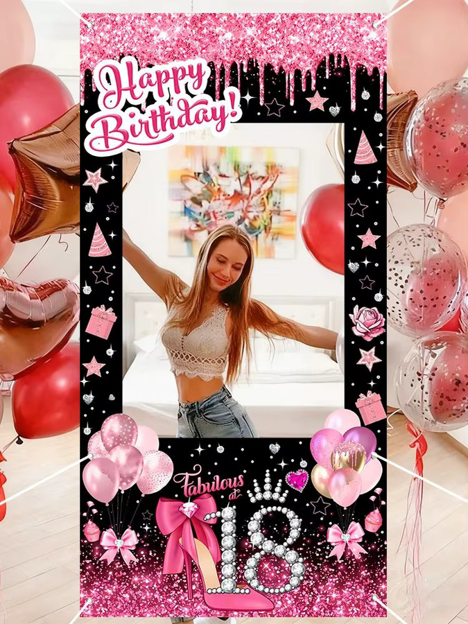 AFYPRTY Fotobox-Hintergrund Rosa Glitzer High Heel aus Polyestergewebe für deinen 18. Geburtstag, Breite: 60 cm, Höhe: 60 cm - Bild 7