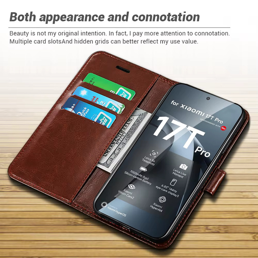 Leder-Brieftasche mit integriertem Kartenfach und magnetischem Buchständer für Xiaomi 17T und 17T Pro 5G in Blau oder Braun - Bild 3
