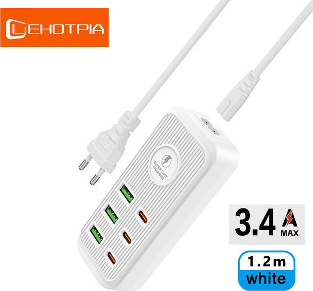 Lehotpia Reise-Mehrfachsteckdose mit USB-C PD Schnellladefunktion und 1,2 m Kabel für EU US UK Steckertypen - Bild 1